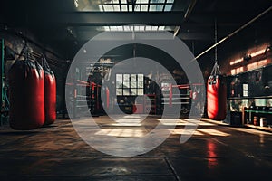 Boxing gym interior with multiple hanging punching bags and equipment. Concept of fitness center, boxing training