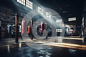 Boxing gym interior with multiple hanging punching bags and equipment. Concept of fitness center, boxing training