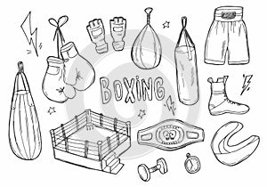 Boxing icons set. Punching bag, boxing glows, boxing shirts, boxing bell, boxing ring.