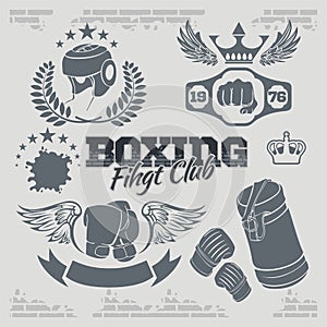 Boxing labels and icons set. Vector illustration.