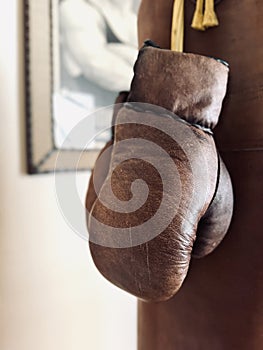 Boxing leather gloves in brown hanging on a punching bag are a close-up.