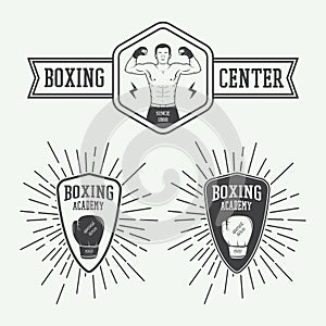 Boxing and martial arts logo badges and labels in vintage style.