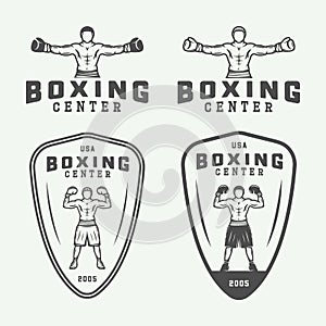 Boxing and martial arts logo badges and labels in vintage style.