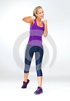 Boxing, martial arts and woman with exercise in portrait for sports, energy and action isolated on white background. MMA