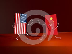 Boxing between paper flags of USA and China