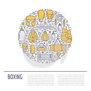 Boxing poster template. Vector sport training colored line icons, circle illustration of equipment - punchbag, boxer