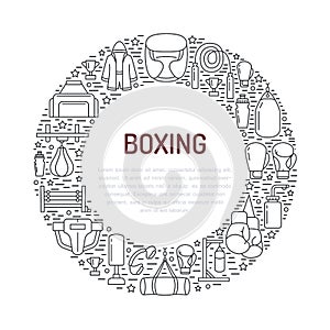 Boxing poster template. Vector sport training line icons, circle illustration of equipment - punchbag, boxer gloves