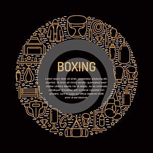 Boxing poster template. Vector sport training line icons, circle illustration of equipment - punchbag, boxer gloves