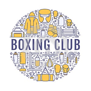 Boxing poster template. Vector sport training line icons, circle illustration of equipment - punchbag, boxer gloves