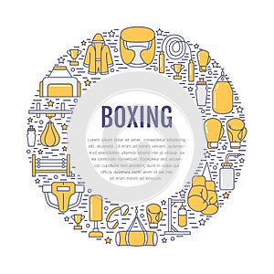 Boxing poster template. Vector sport training line icons, circle illustration of equipment - punchbag, boxer gloves