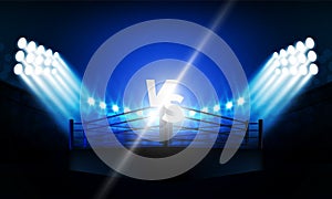 Boxing ring arena stadium field with bright stadium lights vs letters for sports