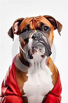 Boxing ring in the back of a realistic dog in boxing gloves, Generative AI