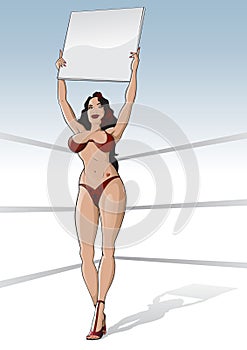 Boxing ring girl with blank card