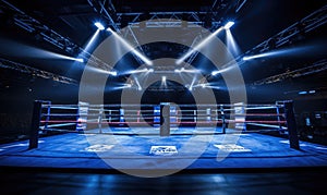 A boxing ring illuminated with blue lights