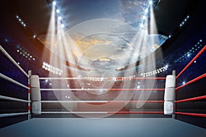 Boxing ring with illumination by spotlights.