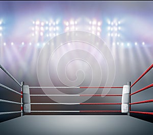 Boxing ring with illumination by spotlights. digital effect 3d render