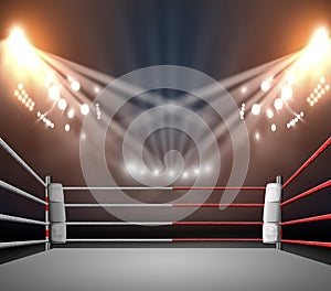 Boxing ring with illumination by spotlights. digital effect 3d render