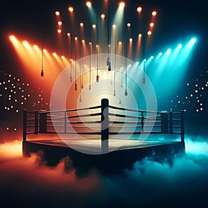 Boxing ring sits in dark arena with flood lights