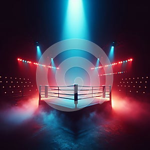 Boxing ring sits in dark arena with flood lights