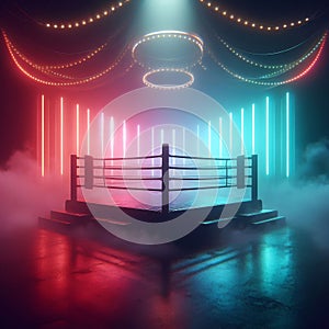 Boxing ring sits in dark arena with flood lights