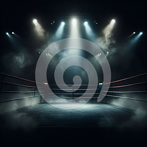 Boxing ring sits in dark arena with flood lights