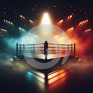 Boxing ring sits in dark arena with flood lights