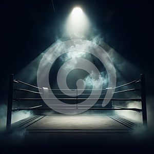Boxing ring sits in dark arena with flood lights
