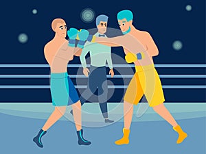 Boxing round. Boxers fight. In minimalist style. Cartoon flat raster