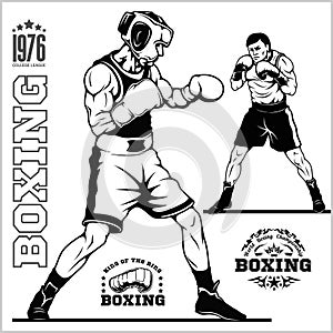 Boxing set - boxers, emblems, labels, badges, logos and designed elements. Monochrome style