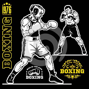 Boxing set - boxers, emblems, labels, badges, logos and designed elements. Monochrome style