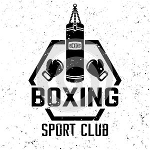 Boxing sport club championship vector monochrome emblem, label, badge or logo in vintage style on background with