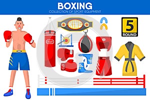 Boxing sport equipment boxer garment accessory vector flat icons set