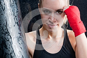 Boxing training blond woman sparring