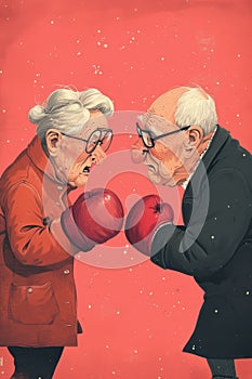 Boxing between two retired elderly people, Fighting for victory, Business rivals. Illustration