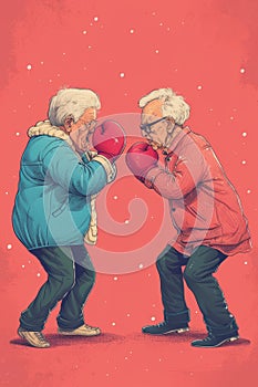 Boxing between two retired elderly people, Fighting for victory, Business rivals. Illustration