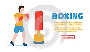 Boxing vector concept. Healthy lifestyle. Professional sports. A man in a T-shirt, shorts and gloves is boxing a standing manikin