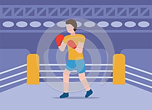 Boxing vector concept. Healthy lifestyle. Professional sports. A man in a T-shirt, shorts and gloves is preparing for a fight in