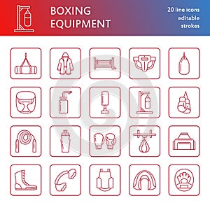 Boxing vector line icons. Punchbag, boxer gloves, ring, heavy bags, punching mitts. Sport training signs set, box