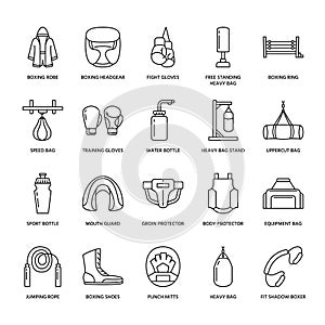 Boxing vector line icons. Punchbag, boxer gloves, ring, heavy bags, punching mitts. Sport training signs set, box