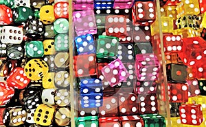 Boxs of colored dice used in many casinos in Colorado.