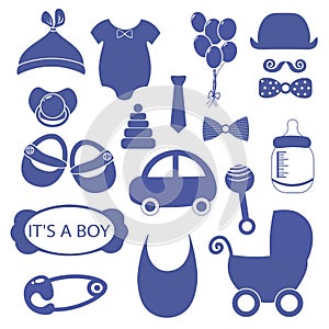 Boy 18 objects clip art set. Newborn, essentials shopping list. stuff for a newborn. plan purchases for a newborn. buy