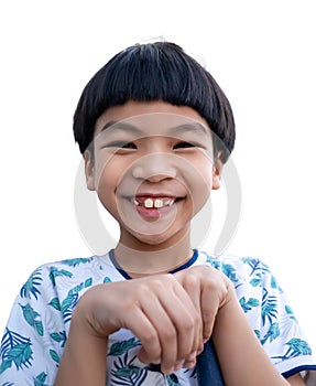 Boy acting funny to looking Cat and Dog animal with funnt smile isolated on white