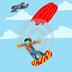 Boy is in action full of danger parachuting in the sky, concept illustration image