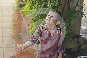 Boy admiring the raindrops. Rainy summer day.