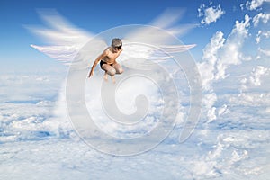 Boy with Angel Wings flying around in the sky