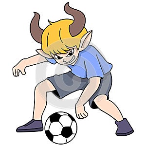 boy is angrily dribbling a soccer ball photo