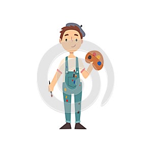 Boy Artist Character with Palette and Paintbrush, Kid Dreaming of Future Profession Vector Illustration