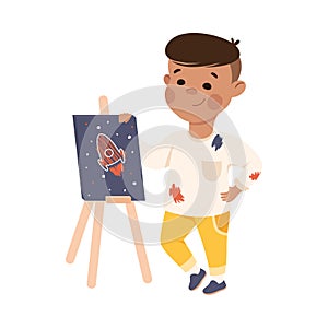 Boy Artist Painting on Canvas, Cute Kid Practicing Skills to Find Dream at Art School Cartoon Vector Illustration