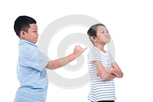 Boy ask a girl to reconcile over white background