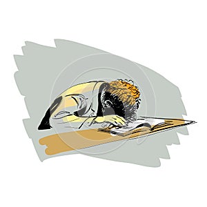 Boy asleep on a textbook education school